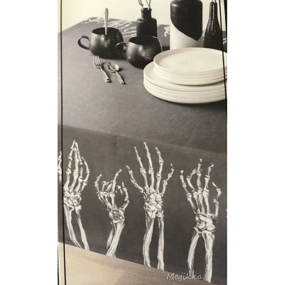 Halloween Tablecloth Fabric Fright Fest Skeleton Hands Border Black White 60x84